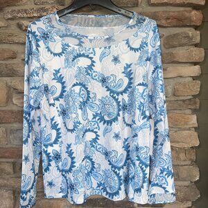 GOTTEX Mesh Long Sleeve Activewear Top In Hippie Paisley XL BLue White NWT